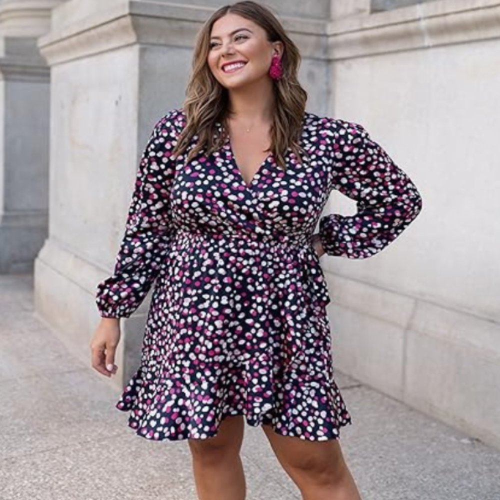 Dress The Drop Caralyn Mirand Long Sleeve Navy & Pink Polka Dot Tie  - Size XXL